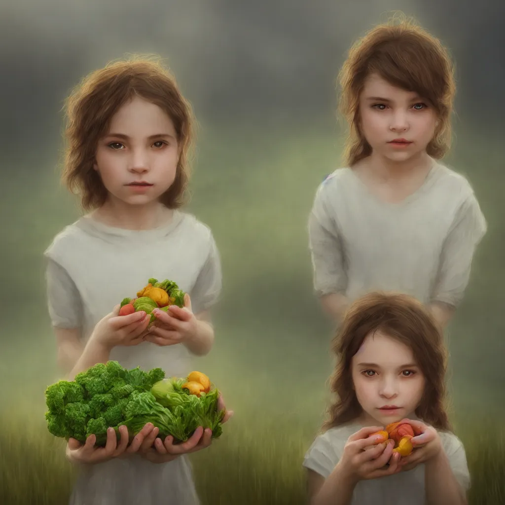 Image similar to Beautiful aesthetically pleasing single female child portrait, centered portrait, Confident holding vegetables, lush farm lands, fog, volumetric lighting beautiful, golden hour, sharp focus, ultra detailed, conceptartworld, Dr Zeuscomic art