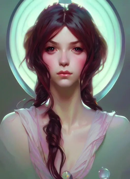 Image similar to portrait of a cute egirl, colorful, elegant, highly detailed, geek, brunette, uwu, digital painting, artstation, concept art, smooth, sharp focus, illustration, art by artgerm and greg rutkowski and alphonse mucha