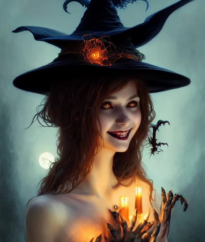 Image similar to halloween witch woman in a hat smiles, fantasy magic, undercut hairstyle, dark light night, intricate, elegant, sharp focus, illustration, highly detailed, digital painting, concept art, matte, art by wlop and artgerm and greg rutkowski and alphonse mucha, masterpiece