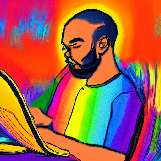 Prompt: pride artwork of man writing a poem on his computer, pride month, colorful, love, 4 k art