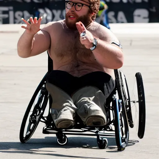 Image similar to seth rogan in a wheelchair at x - games magazine action photo