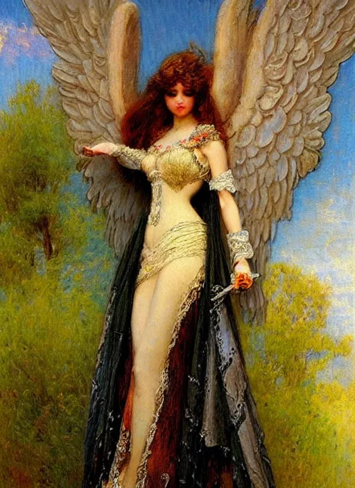 Prompt: vertical prtrait of an angel knight gothic girl, baroque dress. by gaston bussiere