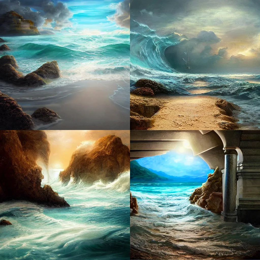 Prompt: pathway through the ocean, realistic painting, classical painting, high definition, digital art, matte painting, very detailed, realistic