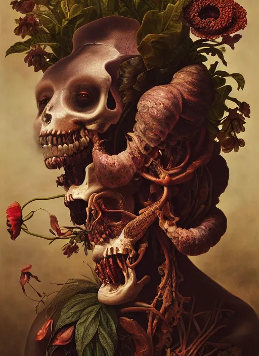 Image similar to strange, looming head, biomorphic painting of a woman with large eyes, flowers and bones, deep rich colours by, rachel ruysch, and charlie immer, highly detailed, emotionally evoking, head in focus, volumetric lighting, oil painting, timeless disturbing masterpiece