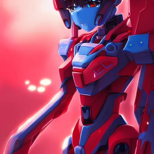 Prompt: digital anime art, cute mech girl wearing a red mech suit. blue eyes. wlop, rossdraws, sakimimichan