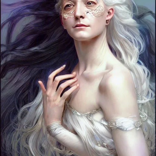 Image similar to goddess, two faced, one face sad, one face happy, long hair, white hair, ethereal, intricate, elegant, georgeus, highly detailed, sharp focus, digital painting, by artgerm and greg rutkowski and alphonse mucha