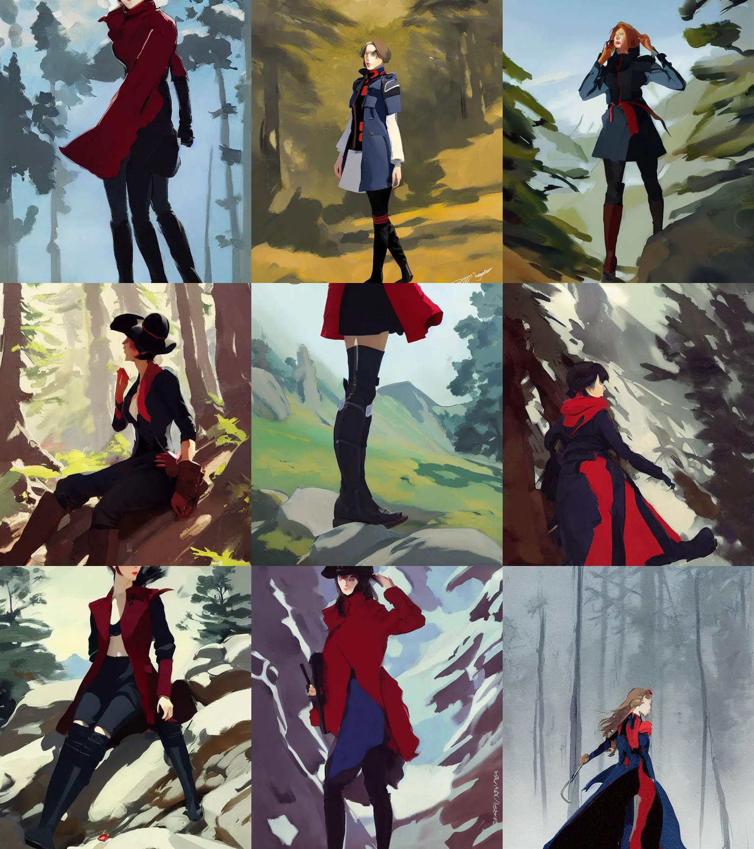 Image similar to black red blue white cloth fabric jodhpurs knee high boots travel coat fashion, solo hiking in mountains trees, greg manchess painting by sargent and leyendecker, studio ghibli, fantasy, asymmetrical, intricate, elegant, matte painting, illustration, hearthstone, by greg rutkowski, by greg tocchini, by james gilleard, by joe fenton