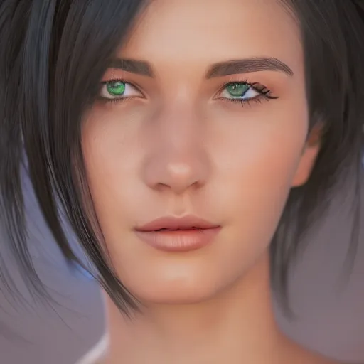 Image similar to the most beautiful woman in the world, in the style of julia razumova, beautiful, happy expression, cheery, unreal engine, octane rendering, 8 k, closeup headshot, smooth, trending on artstation, digital illustration, black hair