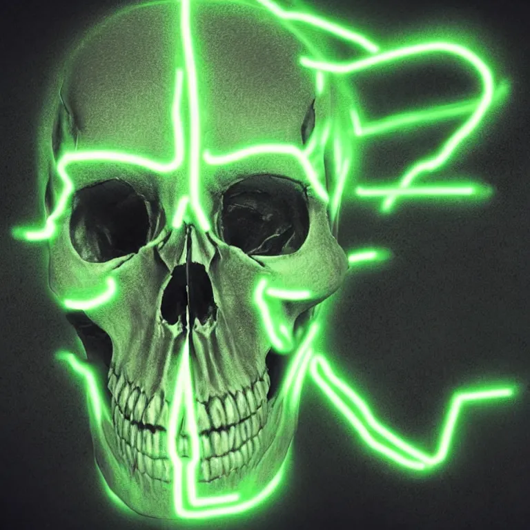 Image similar to photorealistic dark fantasy concept art of a glowing human skull with a green neon outline and a Pentagram on it's forehead, dynamic lighting, stunning visuals, realism, cinematic, hyper detailed, ultra detailed, beautiful visuals