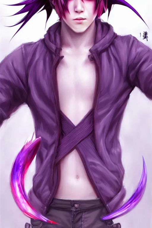 Image similar to gorgeous!!! hyper - realistic teenager boy with purple hair, purple eyes with red eye markets, wearing combat japanese clothes, holding a fan | drawn by wlop, drawn by jeehyung lee, drawn by artgerm | intricate, highly detailed, digital painting, character design, concept art, illustration, artstation