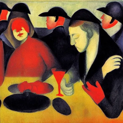 Image similar to by kathe kollwitz, by august macke awesome cardinal. a beautiful body art of a group of people gathered around a table in a tavern. they are all eating & drinking, & appear to be enjoying themselves.