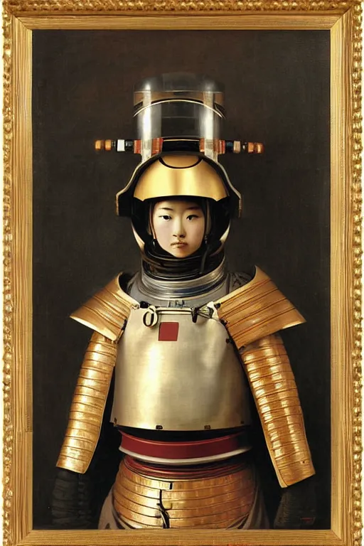 Prompt: portrait of a astronaut in japanese samurai armor and helmet, by bouguereau