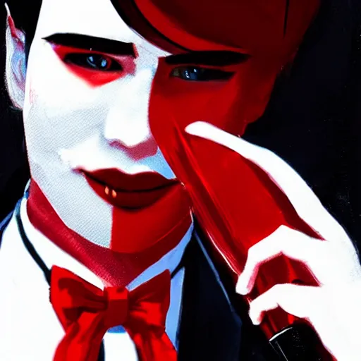 Image similar to full face shot of a handsome butler with straight black hair, a red streak in his hair, with black and red eyes, shy smile, fancy, ultra detailed, brush strokes, digital painting, cinematic, wlop artstation, pixiv, yoshitaka amano, andy warhol, ultra realistic,