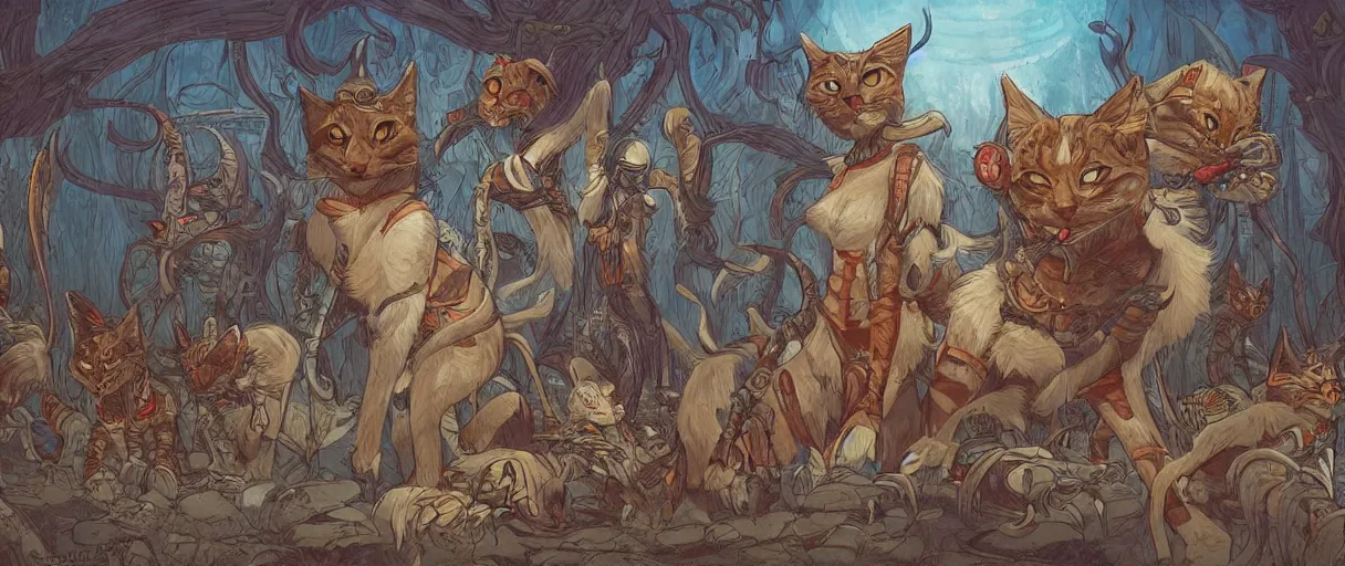 Image similar to A beautiful illustration of a civilization of anthropomorphic Feline warriors by James Jean | Graphic Novel, Visual Novel, Colored Pencil, Comic Book:.3 | unreal engine:.5 | establishing shot