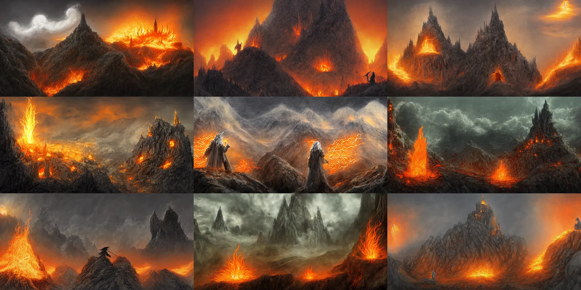 Prompt: gandalf the wizard surrounded by a billowing cloud of blinding orange flame and pitch black smoke by alan lee, intricate, detailed, dwarven stonework, panoramic, digital painting, artstation