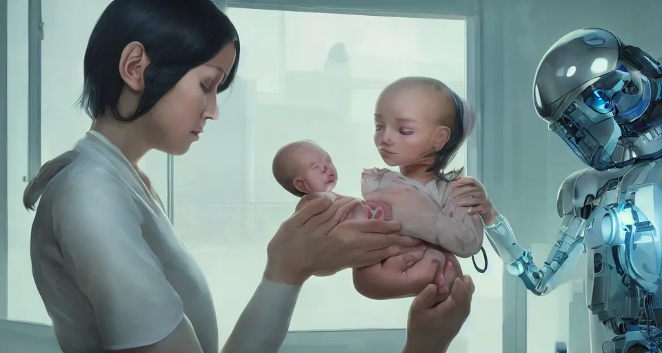 Prompt: a very very very very very very beautiful realistic still of a woman holding a newly born cyborg baby in a cyborg factory hospital, rendered by beeple, by makoto shinkai, syd meade, starwars, space art concept, sci - fi, digital art, unreal engine, wlop, trending on artstation, 4 k uhd image, octane render