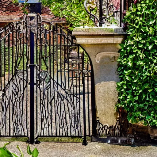 Image similar to delicate, chairs, garden, paved, botanic photography, iridescent, 8 k, realistic shaded, fine details, artstation, italian, iron gate, tree, mediterranean