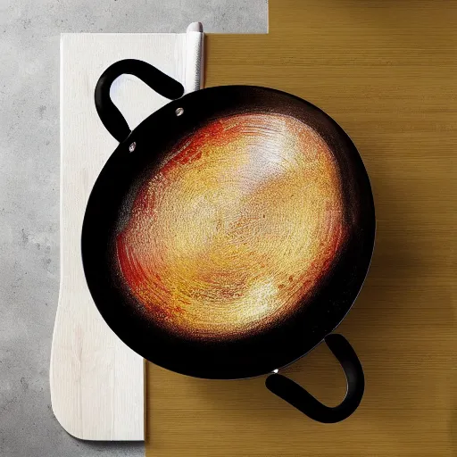 Image similar to elongated wok, stretched out so that it is ovular, photorealistic, 8k