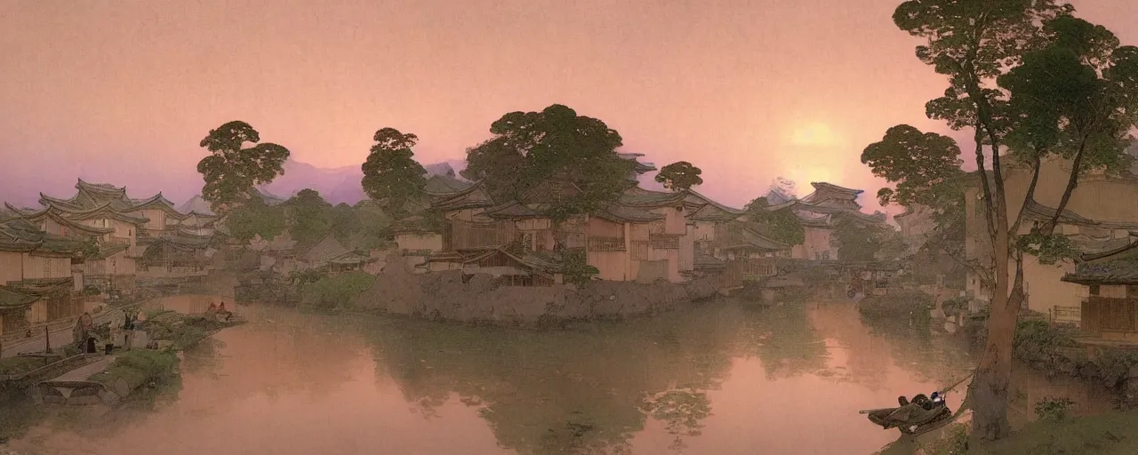 Image similar to a beautiful painting of an ancient japanese town nearby a small river in the evening by alfons maria mucha and ivan aivazovsky, ultra detailed, volumetric lighting, pink vibe