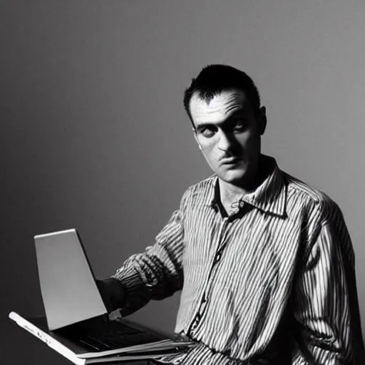 Image similar to Vladimir Mayakovsky stands on a cloud with a laptop in his hands and striped pants , Photojournalism , hyper detailed ,cinematic style