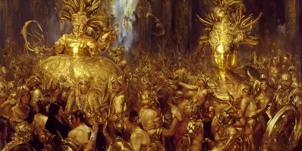 Image similar to beautiful oil painting, high details, the alien god emperor of ancient civilization surrounded by servants in gilded halls a golden wreath upon his head, by anders zorn, wonderful masterpiece by greg rutkowski, beautiful cinematic light, american romanticism, by giger, rolf armstrong, ernie barnes