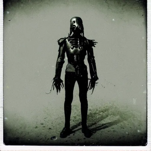 Image similar to full-body dark creepy gothic realistic found photograph polaroid a decapitated soldier with futuristic elements. he welcomes you under with no head, empty helmet inside is occult mystical symbolism headless full-length view. standing on ancient altar eldritch energies disturbing frightening, hyper realism, 8k, sharpened depth of field, 3D