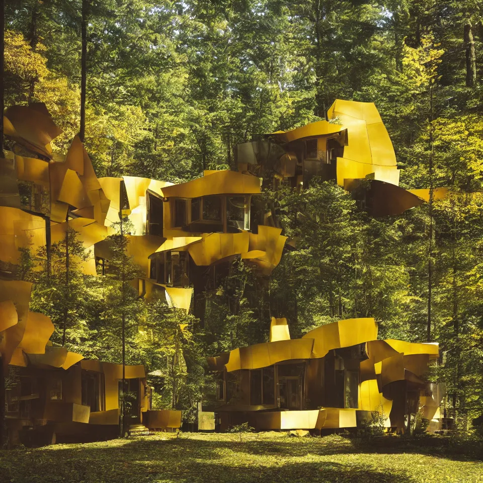 Image similar to architecture ad for a small mid-century modern house in the forest, designed by Frank Gehry. Film grain, cinematic, yellow hue