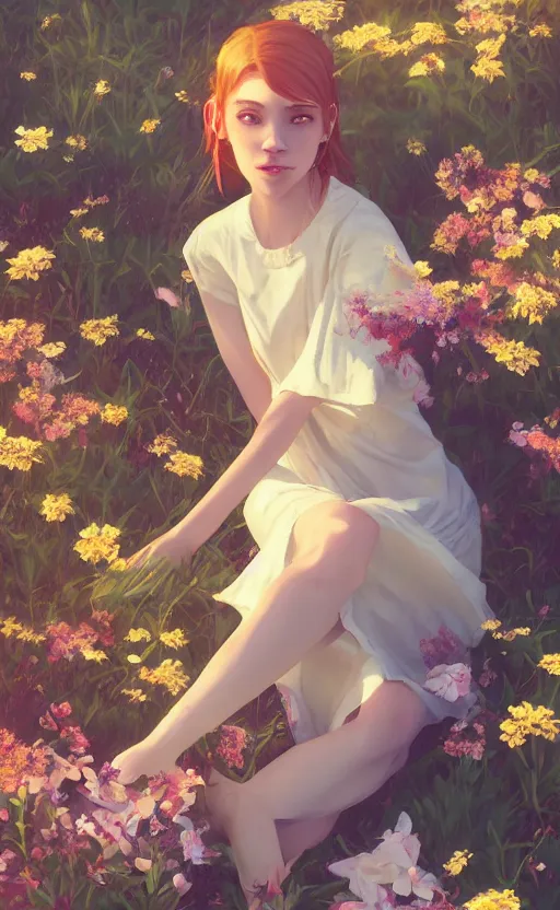 Image similar to southern ginger woman in a cream dress, freckled, sitting among flowers, airbrushed, hazy, gentle, soft lighting, wojtek fus, by makoto shinkai and ilya kuvshinov,