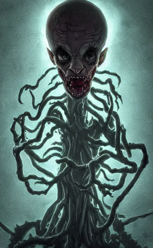 Image similar to full body portrait of Vecna from stranger things in the upside down, dynamic lighting, photorealistic, fantasy concept art, ambient lighting, atmospherical, stunning visuals, creative, cinematic, ultra detailed, trending on art station