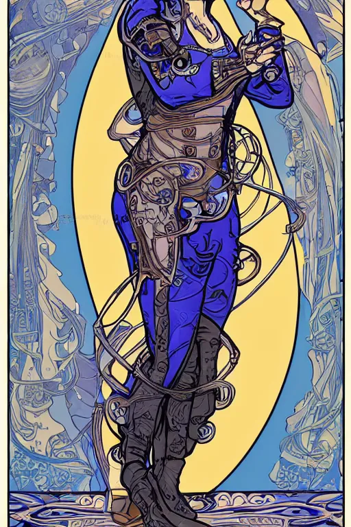 Image similar to delores from westworld in blue dress as a goddess of cyborg in alfons mucha style