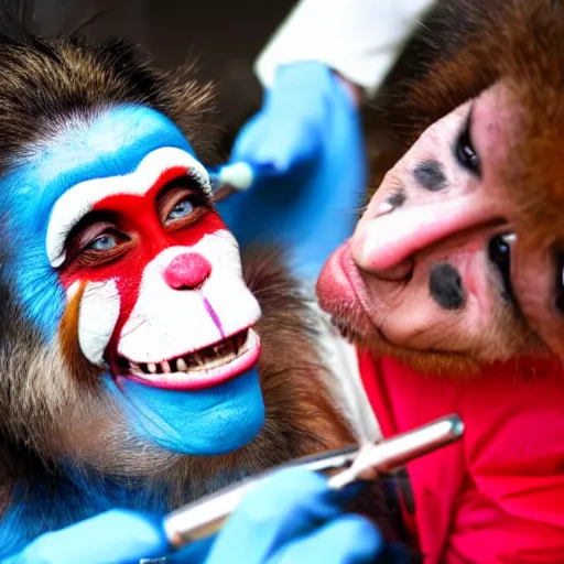 Image similar to a photo of a monkey dentist with clown paint, sidelit