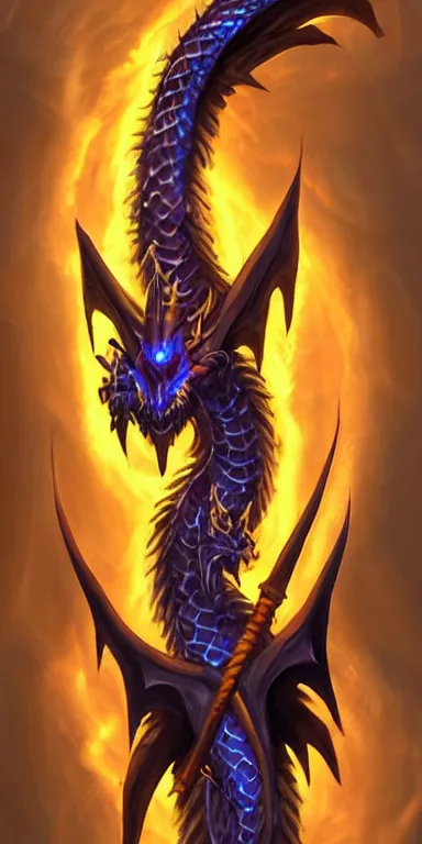 Image similar to draconic staff, dragon staff,((((dragon head)))) on top of the staff, ((((dragon head)))) on top of the staff, glowing draconic staff, epic fantasy style art, fantasy epic digital art, epic fantasy weapon art, hearthstone style art