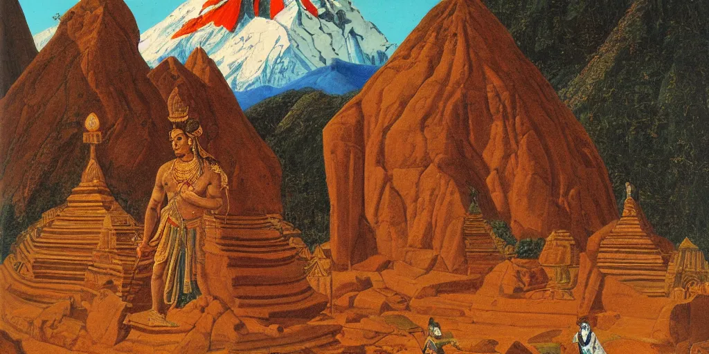 Prompt: Shiva on his Vimana with the Himalaya from the Shiva Rahasya 1827 in the style of David Hockney, detailed oil painting