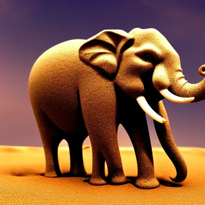 Prompt: fantasy art of an elephant made of sand in the middle of a very sandy desert storm sand, 4 k, high quality, sharp, 1 6 k, trending in artstation