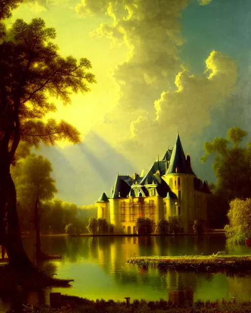 Image similar to beautiful illustration of chateau in a serene landscape, by albert bierstadt, magic realism, narrative realism, beautiful matte painting, heavenly lighting, retrowave, 4 k hd wallpaper