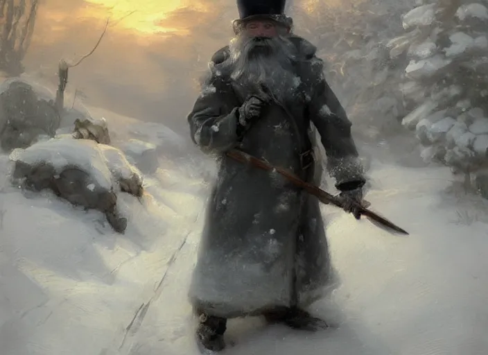 Image similar to oil painting, snow blizzard, nordic gnome with gray clothes, pointy top hat, high detailed art by anders zorn, wonderful masterpiece by greg rutkowski, beautiful cinematic light, american romanticism by greg manchess, creation by tyler edlin