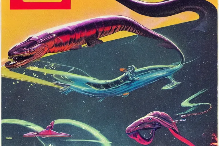 Image similar to 1979 OMNI Magazine Cover depicting An electric eel flying at a dinosaur. Cyberpunk Akira style by Vincent Di Fate