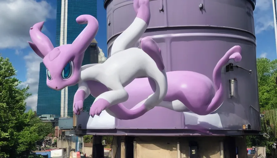 Prompt: MewTwo on a water tank in Newark