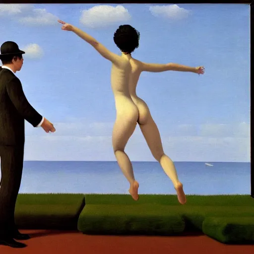Prompt: A woman and a man jump in the water, a painting by magritte, high detail, 4K, trending on artstation