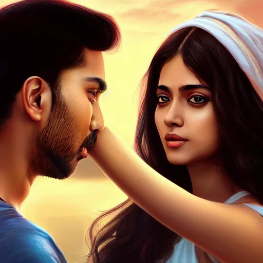 Image similar to theatrical press release ; indian young male and female couple sharing one heart ; stunning digital artwork by artgerm ; cinematic movie pose ; photorealistic, hyperrealistic, dramatic soft rim light ; highly detailed ; face by wlop ; trending on artstation ; cinematography from music video ; symmetrical, high coherence