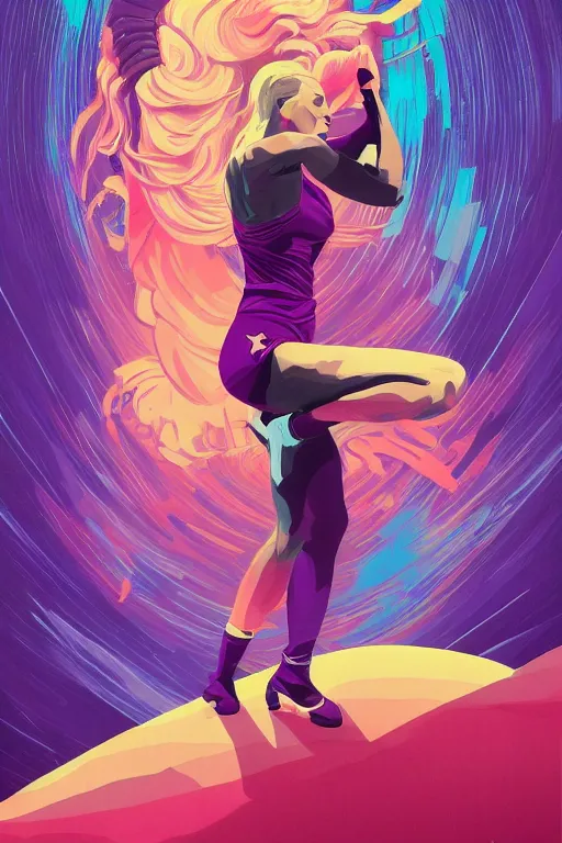 Prompt: a blonde woman mma fighter stands in fighting pose, a shadowy man towers behind her, purple and blue palette, tristan eaton, victo ngai, artgerm, rhads, ross draws