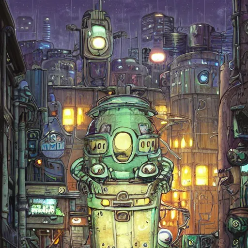 Image similar to fantasycore street view of futuristic machinarium tokyo at night by michael whelan and naomi okubo and dan mumford. cute ver.ka mecha machinarium robots. cel-shaded. glossy painting.