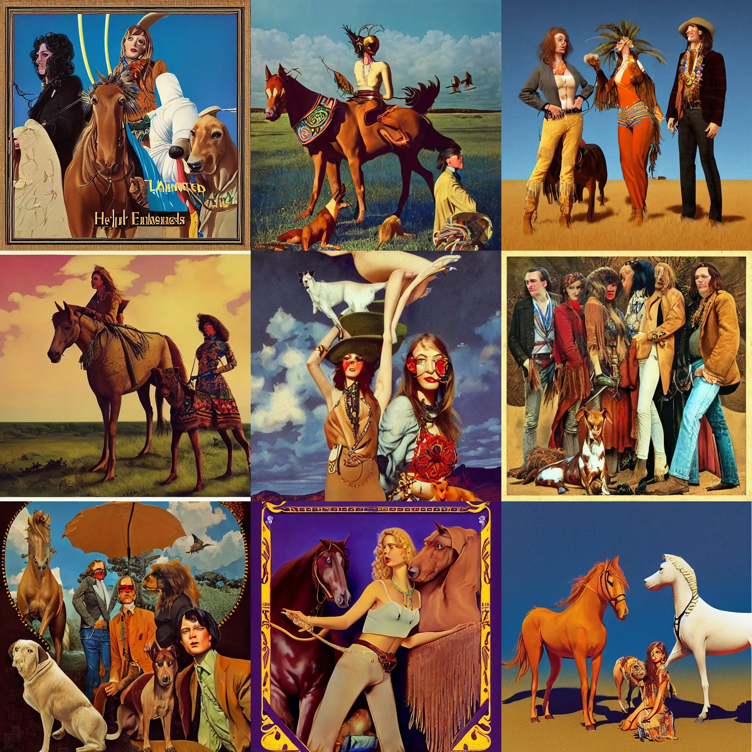 Prompt: pulp art, artwork by Joseph Leyendecker and Robert McGinnis and Alfred Henry Maurer, 3d octane blender render, Hippie and boho fashion 1970s, horses, dogs, birds, progressive rock album cover