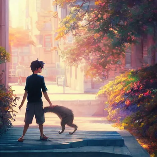 Prompt: a cat is playing around next to a man. digital art. artstation. realistic. vibrant. illustration. in the style of pixar movie. octane render. art by makoto shinkai, stanley artgerm lau, wlop, rossdraws. volumetric lighting.