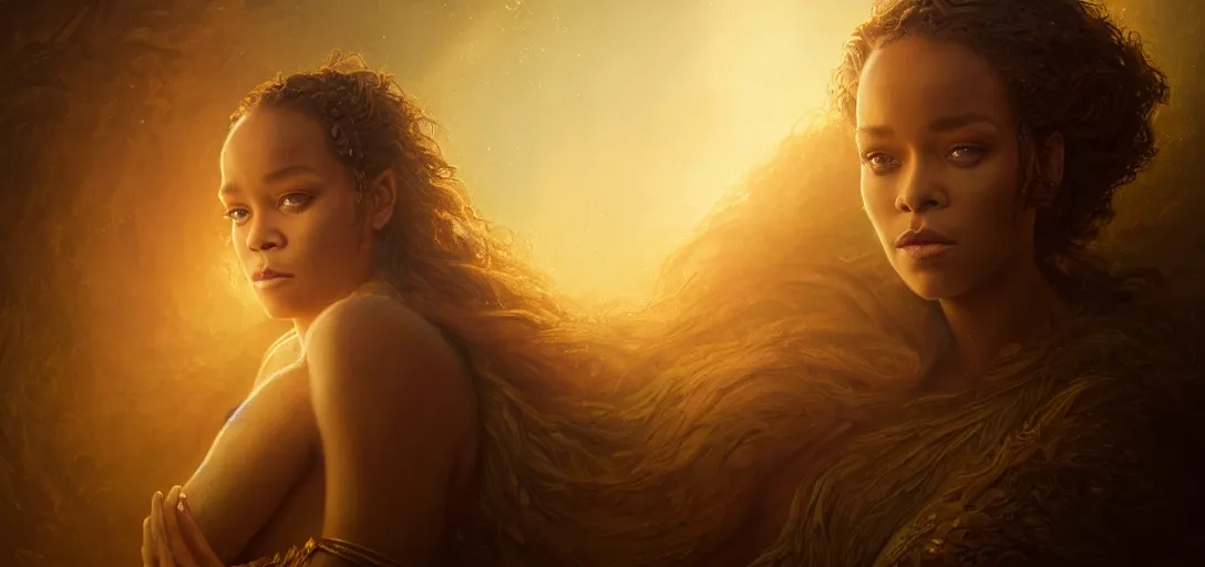 Image similar to majestic gracious regal goddess rhianna portrait, ancient greece, elysium, atmospheric lighting, painted, intricate, volumetric lighting, beautiful, rich deep colours masterpiece, golden hour, sharp focus, ultra detailed, by leesha hannigan, ross tran, thierry doizon, kai carpenter, ignacio fernandez rios