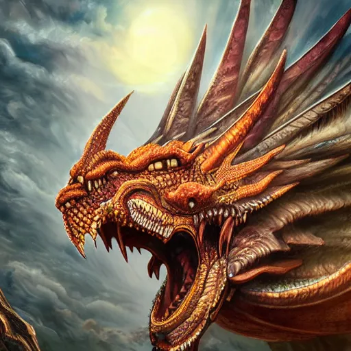 Image similar to sensual warrior into a giant dragon head with opened mouth, fantasy, highly detailed face, artwork, digital art