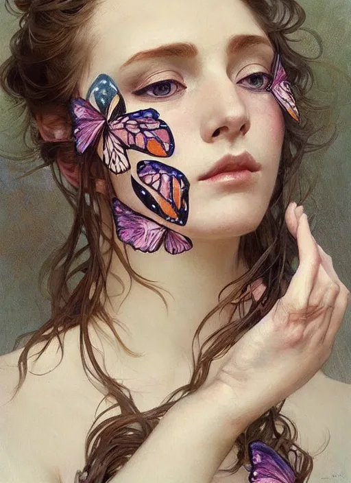 Prompt: a woman with her face painted like the wings of a butterfly. butterfly wings face painting. beautiful highly detailed face. painting by artgerm and greg rutkowski and alphonse mucha.