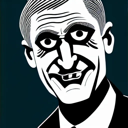 Image similar to bright demonic glowing eyes, digital illustration of secretary of denis mcdonough face, cover art of graphic novel, evil laugh, menacing, Machiavellian puppetmaster, villain, clean lines, clean ink