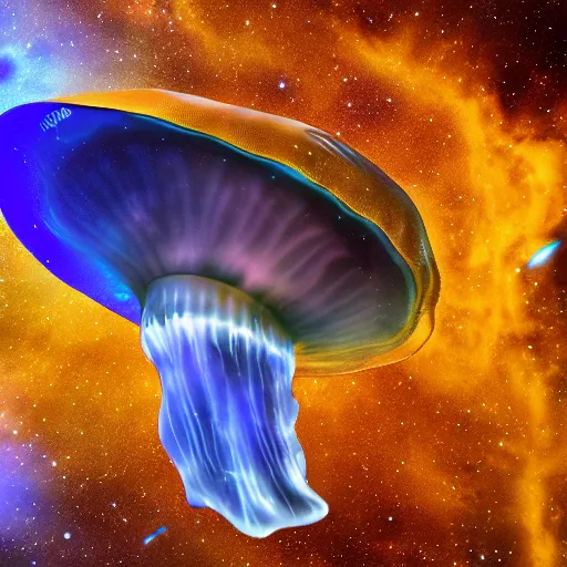 Image similar to A huge jellyfish in space caught by James Webb telescope, Realistic, HDR, Clear Image,