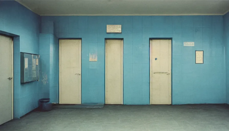 Prompt: 60s movie still of a sovietic stalinist style empty light blue tiles room with many toilets, cinestill 800t 50mm eastmancolor, liminal Space style, heavy grain-s 150